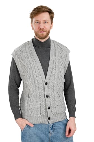 SAOL Herren Weste 100% Merinowolle V-Ausschnitt ärmellos Irische Zopfstrickjacke Pullover mit Knöpfen und Taschen - Grau - Groß von SAOL