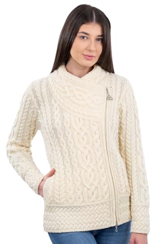 SAOL Irisch Cardigan für Damen aus 100% Merinowolle Irland Sweater Zopfmuster Reißverschluss Jacke, Natürlich, Klein von SAOL