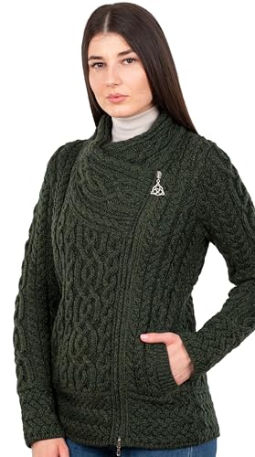 SAOL Irisch Cardigan für Damen aus 100% Merinowolle Irland Sweater Zopfmuster Reißverschluss Jacke, Armeegrün von SAOL