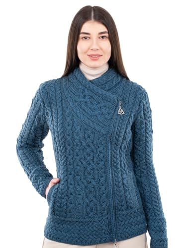 SAOL Irisch Cardigan für Damen aus 100% Merinowolle Irland Sweater Zopfmuster Reißverschluss Jacke (DE/NL/SE/PL, Alphanumerisch, XXL, Regular, Regular, Blaugrün) von SAOL