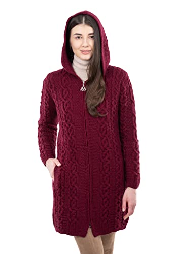 SAOL Irisch Damen Strickjacke mit Kapuze Merinowolle Langer Celtic Reißverschluss Mantel von SAOL