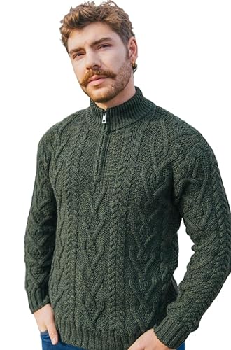 SAOL Irische Herren Winter Draussen Pullover Sweater mit Reißverschlusshals und Fisherman Zopfmuster, Armee-grün, L von SAOL