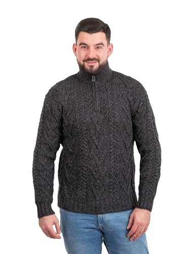 SAOL Irische Herren Winter Draussen Cardigan Strickjacke mit Reißverschlusshals und Fisherman Zopfmuster von SAOL