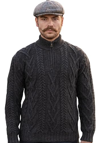 SAOL Irische Herren Winter Draussen Cardigan Strickjacke mit Reißverschlusshals und Fisherman Zopfmuster von SAOL