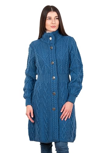 SAOL Irische Strickjacke aus 100% Merinowolle für Damen mit keltischen Knotenknöpfen – Aran Long Outdoor Cable Knit Coatigan(Blaugrün, Mittel) von SAOL