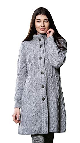 SAOL Irische Strickjacke aus 100% Merinowolle für Damen mit keltischen Knotenknöpfen – Aran Long Outdoor Cable Knit Coatigan(Grau, Groß) von SAOL