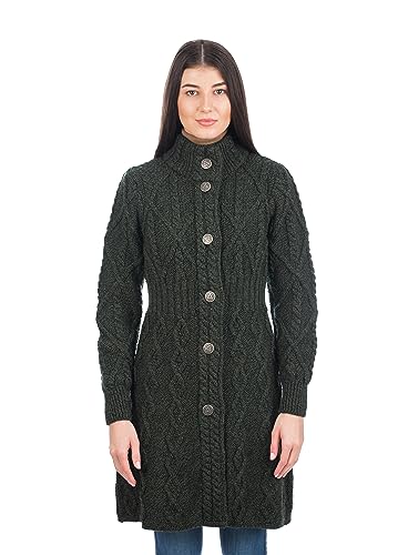 SAOL Irische Strickjacke aus 100 % Merinowolle für Damen mit keltischen Knotenknöpfen – Aran Long Outdoor Cable Knit Coatigan(Grün, Klein) von SAOL