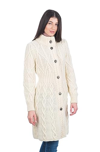 SAOL Irische Strickjacke aus 100% Merinowolle für Damen mit keltischen Knotenknöpfen – Aran Long Outdoor Cable Knit Coatigan(Natürlich, Groß) von SAOL