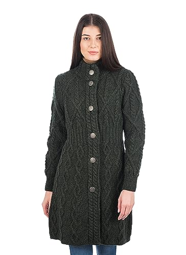 SAOL Irische Strickjacke aus 100% Merinowolle für Damen mit keltischen Knotenknöpfen Aran Long Outdoor Cable Knit Coatigan von SAOL