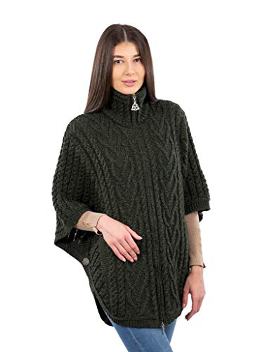 SAOL Irische Strickjacke für Damen aus 100% Merino Wolle Irland Poncho mit Fronttaschen (Grün, L-XL) von SAOL