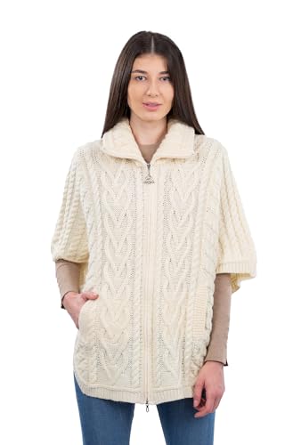 SAOL Irische Strickjacke für Damen aus 100% Merino Wolle Irland Poncho mit Fronttaschen (Natur, L-XL) von SAOL