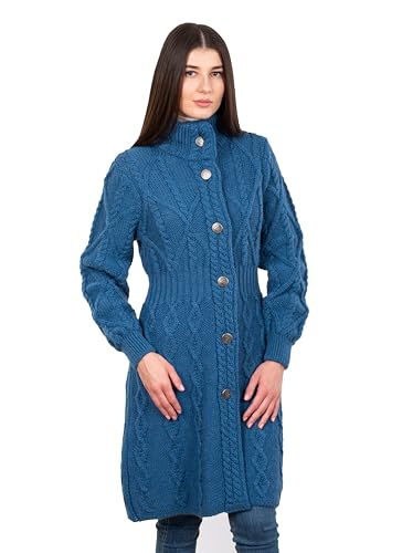 SAOL Irische Strickjacke für Damen aus 100 % Merinowolle, mit keltischen Knoten-Knöpfen, langer Outdoor-Mantel mit Zopfmuster, Blaugrün/Ein Hauch von Paradies (Trace of Paradise), Groß von SAOL