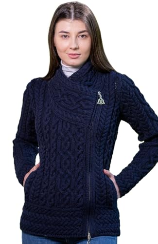 SAOL Irische Strickjacke für Damen aus 100% Merinowolle Irland Sweater Zopfmuster Zip Jacke - Blau - Klein von SAOL