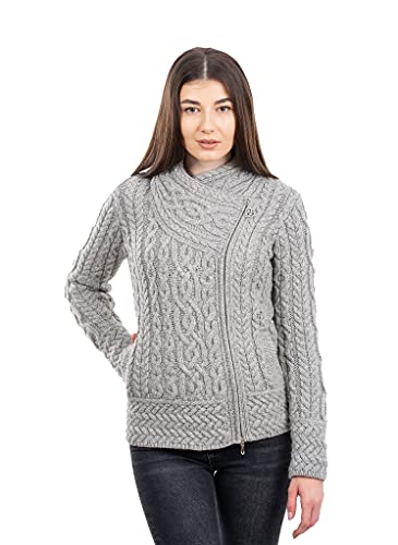 SAOL Irische Strickjacke für Damen aus 100% Merinowolle Irland Sweater Zopfmuster Zip Jacke - Grau - Groß von SAOL