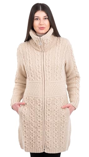 SAOL Irische Strickjacke für Damen mit Taschen aus 100% Merinowolle Irland Langmantel (DE/NL/SE/PL, Alphanumerisch, S, Regular, Regular, Pastinake) von SAOL