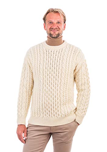 SAOL Irischer Aran Pullover Strickpullover mit Rundhalsausschnitt und Wabenstricken | Supersoft Wollpullover Sweater aus Merinowolle für Herren (Natur, L) von SAOL