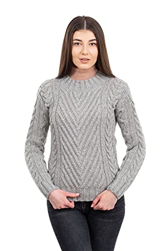 SAOL Irischer Aran Strickpullover aus 100% Merinowolle mit Rippenmuster für Damen in Natur/Marine/Grau (Grau, Large) von SAOL