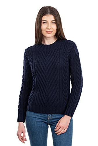 SAOL Irischer Aran Strickpullover aus 100% Merinowolle mit Rippenmuster für Damen in Natur/Marine/Grau (Marine, S) von SAOL