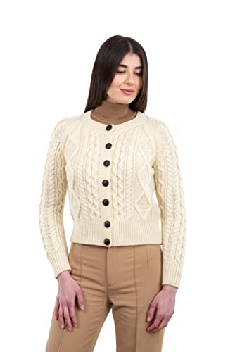 SAOL Irischer Damen-Strickjacke, Wolle, Zopfmuster, hergestellt in Irland (DE/NL/SE/PL, Alphanumerisch, S, Regular, Regular, Natur) von SAOL