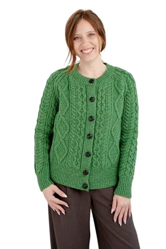 SAOL Irischer Damen Strickjacke 100% Merinowolle Zopfmuster hergestellt in Irland, Grün von SAOL