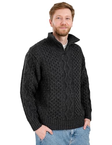 SAOL Irischer Fischer Pullover für Herren aus Wolle mit Reißverschluss V-Ausschnitt, Hergestellt in Irland von SAOL