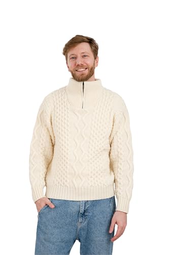 SAOL Irischer Fischer Pullover für Herren aus Wolle mit Reißverschluss V-Ausschnitt, Hergestellt in Irland von SAOL