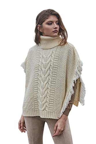 SAOL Irischer Poncho aus Merinowolle für Damen, Aran, Wasserfallkragen, Umhang, natur, Einheitsgröße von SAOL