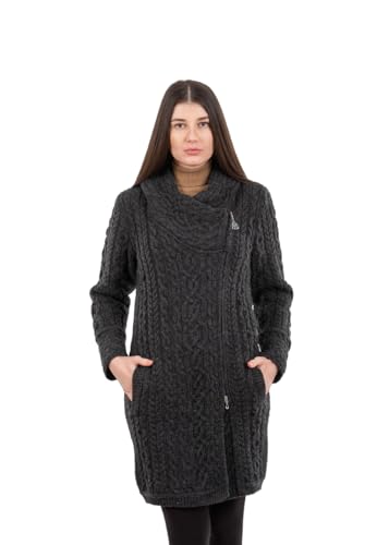 SAOL Irish Aran Damen-Strickjacke mit Reißverschluss, 100 % Merinowolle, mit Taschen und Kapuze, hergestellt in Irland, Dunkelgrau, Groß von SAOL