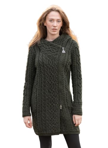 SAOL Irish Aran Damen-Strickjacke mit Reißverschluss, 100% Merinowolle, mit Taschen und Kapuze, hergestellt in Irland, Grün (Army Green), Mittel von SAOL