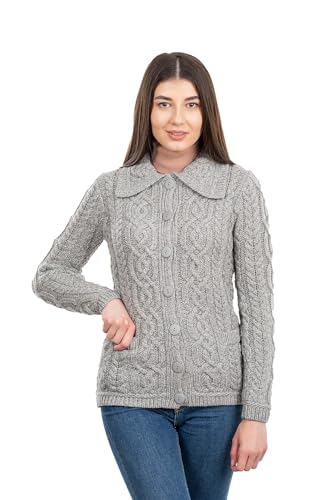 SAOL Irish Cardigan Pullover für Damen, 100% Merinowolle, Aran Celtic Knit Damenmantel mit Taschen(Grau, Groß) von SAOL