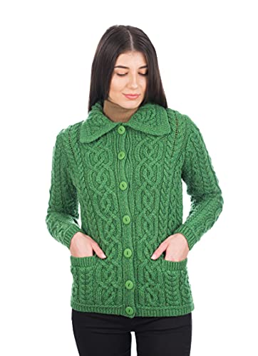 SAOL Irish Cardigan Pullover für Damen 100% Merinowolle Aran Celtic Knit Damenmantel mit Taschen (as3, Alpha, m, Regular, Regular, Grün) von SAOL