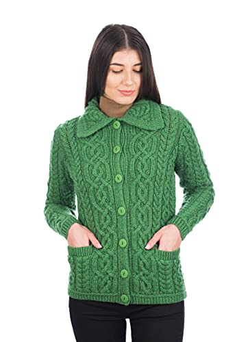 SAOL Irish Cardigan Pullover für Damen, 100% Merinowolle, Aran Celtic Knit Damenmantel mit Taschen (as3, Alpha, xx_l, Regular, Regular, Grün) von SAOL