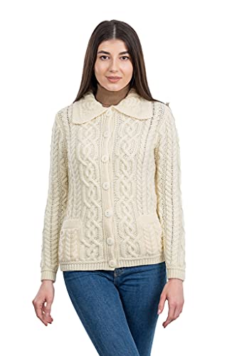 SAOL Irish Cardigan Pullover für Damen 100% Merinowolle Aran Celtic Knit Damenmantel mit Taschen(Natürlich, Mittel) von SAOL