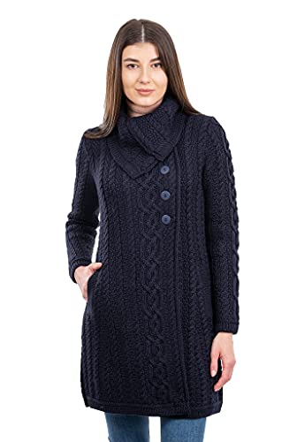 SAOL Irish Cardigan Pullover für Damen mit Seitentaschen und übergroßem Kragen - Weiche Merino-Mischung - Blau - Klein von SAOL