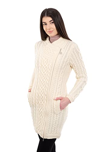 SAOL Irish Cardigan für Damen, Irland, Langer Pullover mit Taschen und keltischem Reißverschluss, aus 100% Merinowolle (M, Natürlich) von SAOL