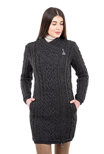 SAOL Irish Cardigan für Damen, Irland, Langer Pullover mit Taschen und keltischem Reißverschluss, aus 100% Merinowolle (S, Anthrazit) von SAOL