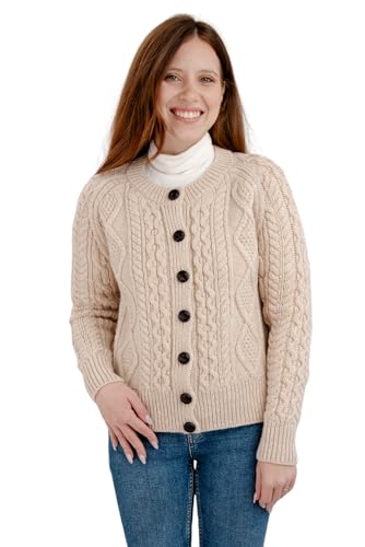 SAOL Irish Cardigan für Damen, Irland, Langer Pullover mit Taschen und keltischem Reißverschluss, aus 100% Merinowolle von SAOL