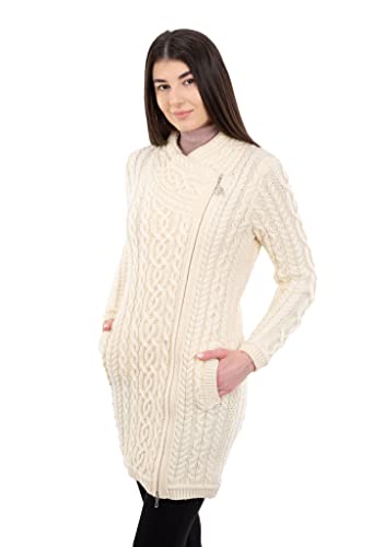 SAOL Irish Cardigan für Damen Irland Langer Pullover mit Taschen und keltischem Reißverschluss aus 100% Merinowolle von SAOL