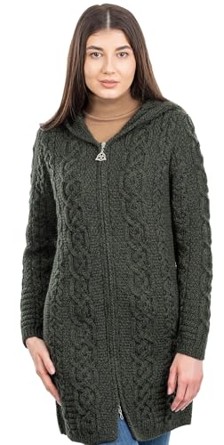 SAOL Irish Damen Strickjacke mit Kapuze Merinowolle Langer Pullover Celtic Reißverschluss Mantel - Grün von SAOL