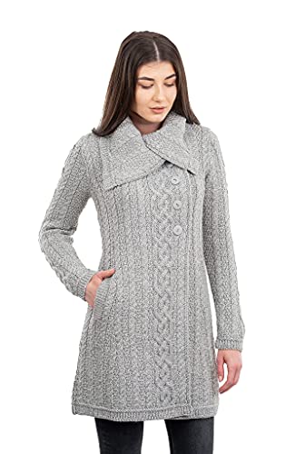SAOL Irish Strickjacke Cardigan Strickmantel für Damen aus Weiche Merino Mischung mit Taschen und Übergroßer Kragen (Grau, XXL) von SAOL