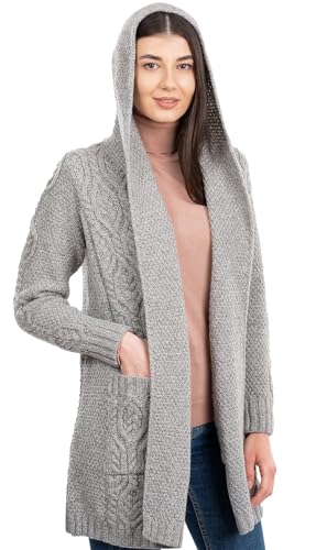 SAOL Klassische Passform Lange Strickjacke mit Kapuze aus 100% Merinowolle für Damen (Grau, M) von SAOL