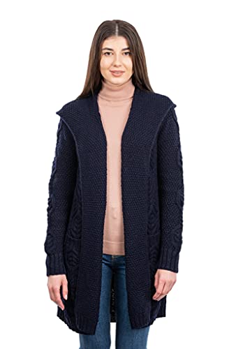 SAOL Klassische Passform Lange Strickjacke mit Kapuze aus 100% Merinowolle für Damen (Marine, L) von SAOL