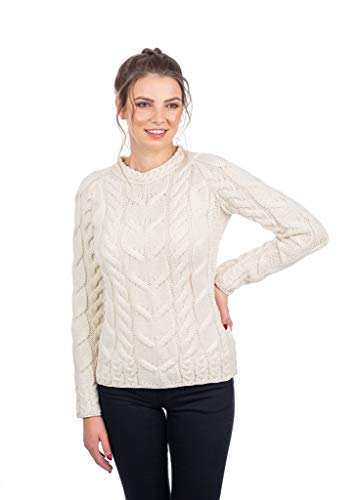 SAOL Ladies Soft Irischer Zopfpullover aus 100% Merinowolle (Natürlich, Small) von SAOL