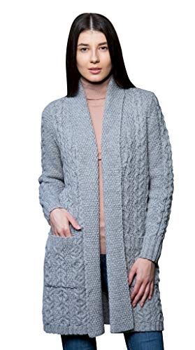 SAOL Lange Strickjacke Jacke für Damen 100% Merino Wolle Öffnen mit Taschen (Grau, S) von SAOL