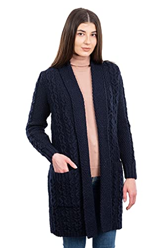 SAOL Lange Strickjacke Irisch Jacke für Damen aus 100% Merino Wolle Öffnen mit Taschen (Navy, XL) von SAOL