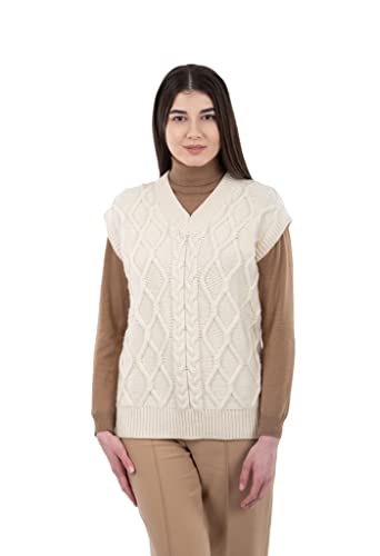 SAOL Übergroße Aran-Kabelweste Damen Pullover mit V-Ausschnitt übergroß Zopfmuster ärmellos Strickjacke Wolloberteile(Natürlich, Klein) von SAOL