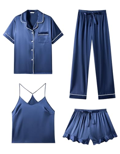 SAPJON Satin Seide Pyjama für Frauen 4-teiliges Rüschen Kerbe Kragen Nachtwäsche Button Down Kurzarm Shorts Pjs Set Loungewear von SAPJON