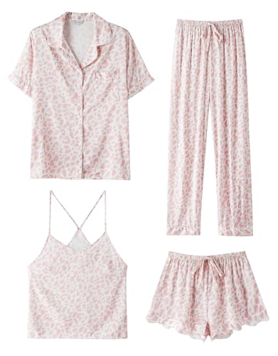 SAPJON Satin Seide Pyjama für Frauen 4-teiliges Rüschen Kerbe Kragen Nachtwäsche Button Down Kurzarm Shorts Pjs Set Loungewear von SAPJON