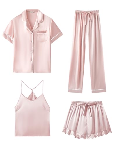 SAPJON Satin Seide Pyjama für Frauen 4-teiliges Rüschen Kerbe Kragen Nachtwäsche Button Down Kurzarm Shorts Pjs Set Loungewear von SAPJON