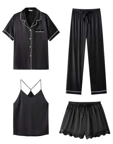 SAPJON Satin Seide Pyjama für Frauen 4-teiliges Rüschen Kerbe Kragen Nachtwäsche Button Down Kurzarm Shorts Pjs Set Loungewear von SAPJON